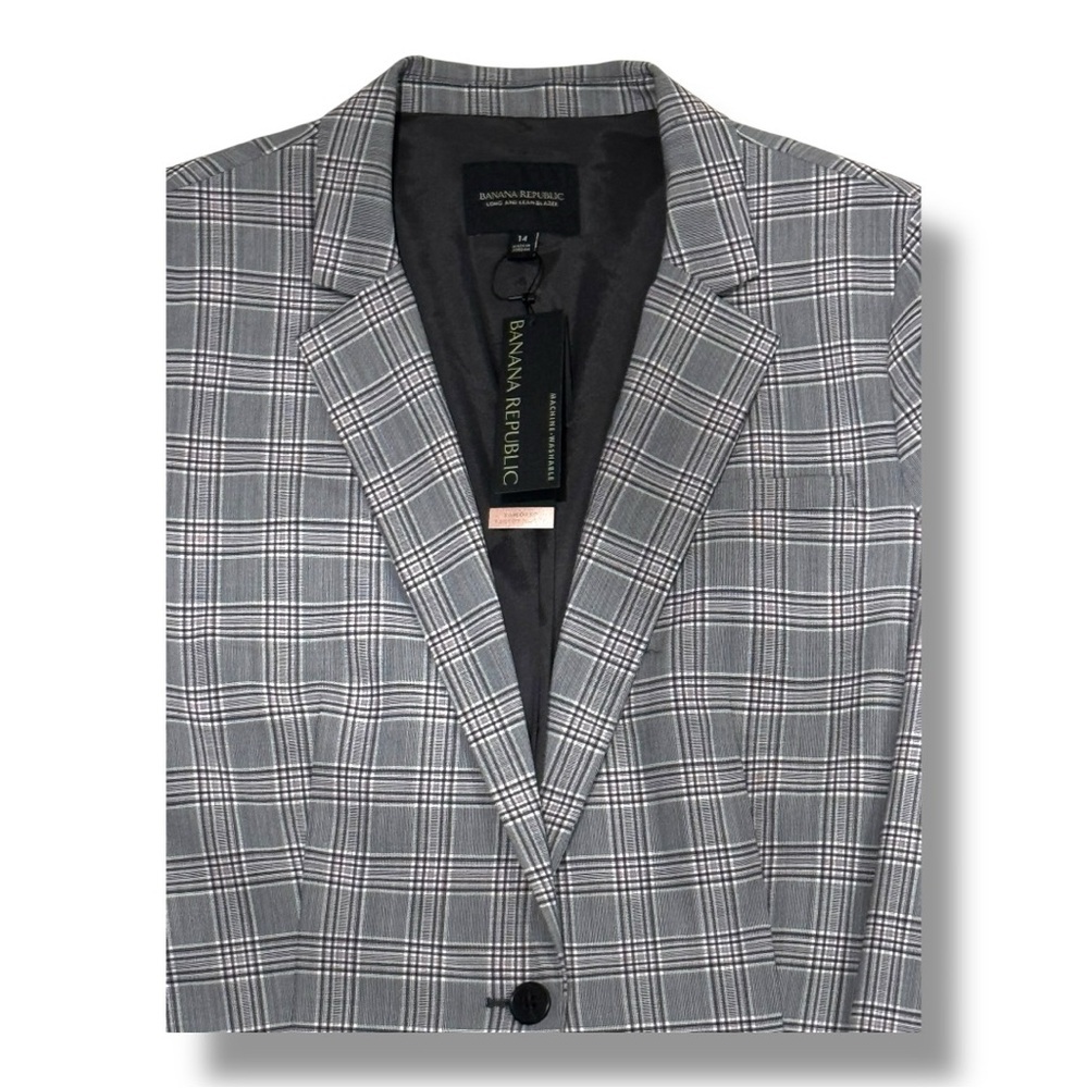 NWT Banana Republic Long & Lean-Fit Plaid Blazer Size 14 Gray Wool Blend - Picture 2 of 5